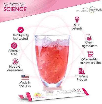 Powder Supplement for Women - with HMB Collagen Enhancer Plus Vitamin D3 with K2, Horsetail and Biotin for Lean Muscle and Stronger Hair and Nails - 30 Powder Packets Strawberry Lemonade