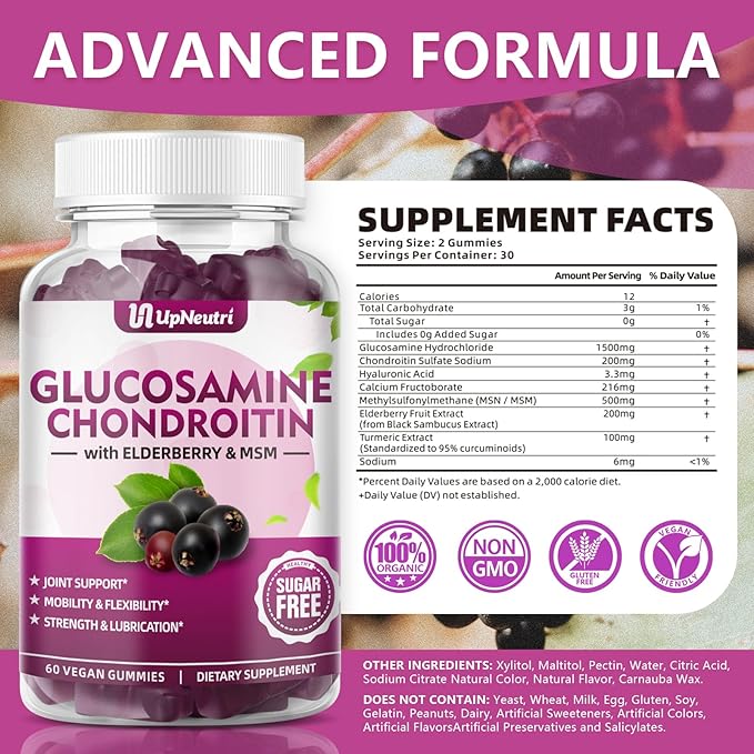 GGlucosamine Chondroitin Gummies Sugar Free, Extra Strength 1500mg Glucosamine with Chondroitin MSM & Turmeric, Joint Support Supplement for Men & Women Joint Health (120 Count (Pack of 2))