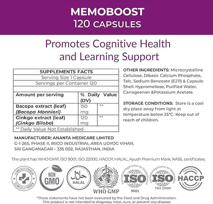 MEMOBOOST Ananta Medicare – Herbal Dietary Supplement (120 Capsules)