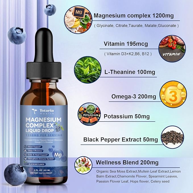 Magnesium Glycinate Liquid Drop 21 in 1 Magnesium Complex with Vitamin D3,K2,B6 & B12 Plus L-Theanine Omega-3 Sea Moss Extract for Energy,Sleep,Joint,Heart Health Sugar Free 2 Fl Oz （Pack of 2）