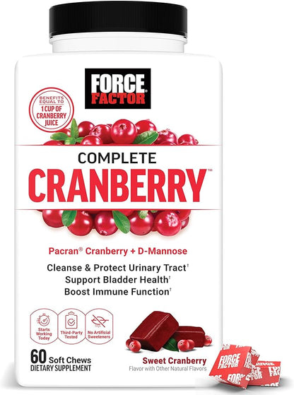 FORCE FACTOR Cranberry Soft Chews, Cranberry Supplement with D Mannose and Cranberry Extract to Support Bladder and Urinary Tract Health for Women, Vegan, Sweet Cranberry Flavor, 60 Soft Chews