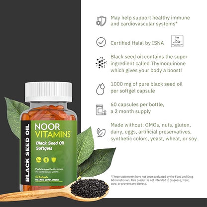 Noor Vitamins Halal Black Seed Oil Capsules, Halal Vitamins, 1000 mg Black Seed Oil from Nigella Sativa, Thymoquinone, Non-GMO, Gluten Free, 60 Count