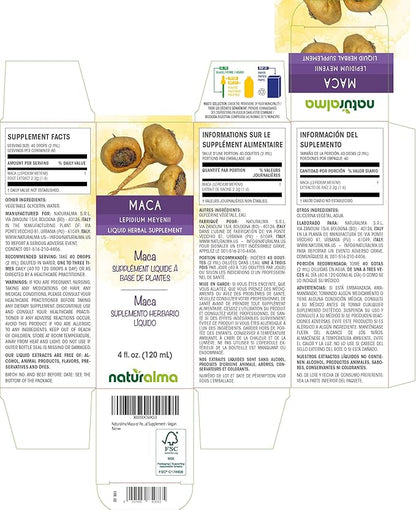 Naturalma Maca or Peruvian Ginseng (Lepidium meyenii or L. peruvianum) Root Alcohol-Free Tincture - 4 fl oz Liquid Extract in Drops - Herbal Supplement - Vegan