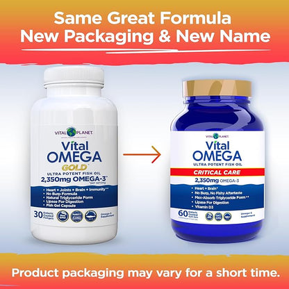 Vital Planet - Vital Omega 3 Fish Oil Critical Care Supplement with 2350mg of High Potency Wild Caught Omega 3 Fatty Acid Supplements EPA DHA and DPA for Heart Health 60 Softgels (Packaging May Vary)