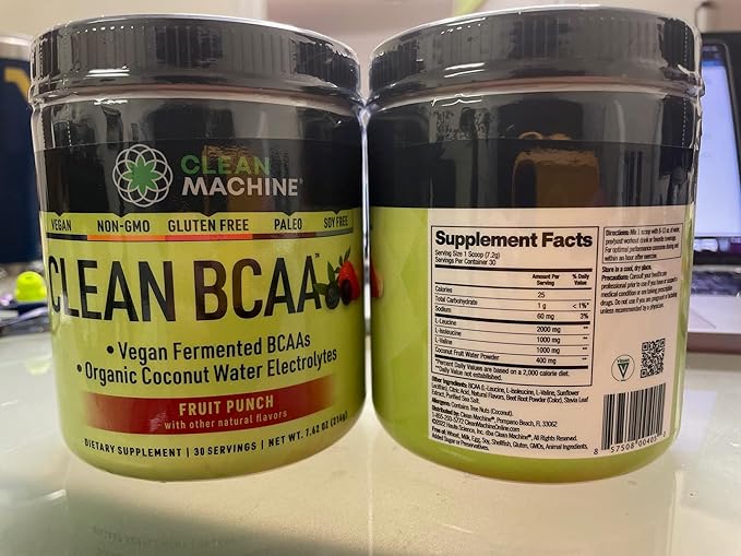 Clean BCAA - 2:1:1 Food Sourced BCAAs Powder & Coconut Water Electrolytes Recovery & Amino Energy Supplement - Award Winning Vegan Amino Acid Supplement - 30 Servings (30, Fruit Punch)