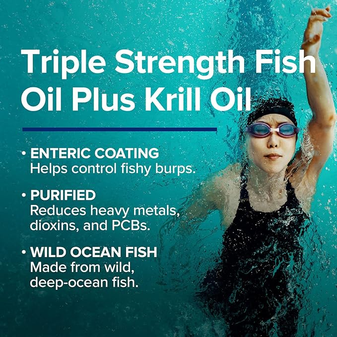 GNC Triple Strength Fish Oil Plus Krill Oil Omega 3 Supplement, 1000mg EPA and DHA, Supports Heart, Brain, Skin, Eye and Joint Health, 60 Softgels