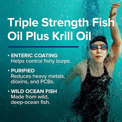 GNC Triple Strength Fish Oil Plus Krill Oil Omega 3 Supplement, 1000mg EPA and DHA, Supports Heart, Brain, Skin, Eye and Joint Health, 60 Softgels