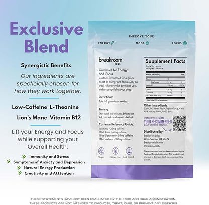 Energy and Focus Gummies – Low Caffeine 25mg w/L-Theanine, Lions Mane, Vitamin B12 – Nootropic Brain Supplement for Adults, Kids - Vegan, Low Sugar, Blue Raspberry Flavor, 30 Servings