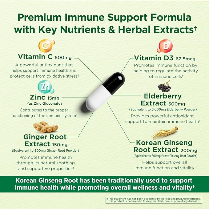 Premium 6-in-1 Immune Support – Vitamin C, D3, Zinc, Elderberry, Ginger & Korean Ginseng – Immune System Booster & Antioxidant Support – 60 Veg Capsules
