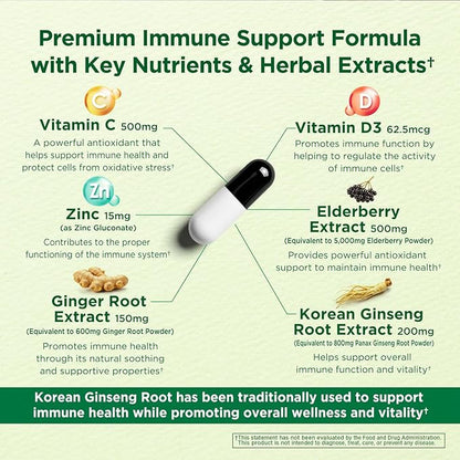 Premium 6-in-1 Immune Support – Vitamin C, D3, Zinc, Elderberry, Ginger & Korean Ginseng – Immune System Booster & Antioxidant Support – 60 Veg Capsules