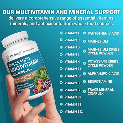 Dr. Berg Whole Food Multivitamin with Minerals - Daily Multivitamin for Men and Women - Includes Premium Whole Food Fruits and Vegetable Blend with Folate, Alpha-lipoic Acid and More - 60 Capsules