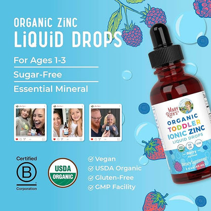 MaryRuth Organics USDA Toddler Liquid Drops | Zinc Sulfate | Immune Support Supplement| Skin Health | Vegan | Formulated for Ages 1-3 | Delicious Berry Flavor | 1 Month Supply | 2 Fl Oz