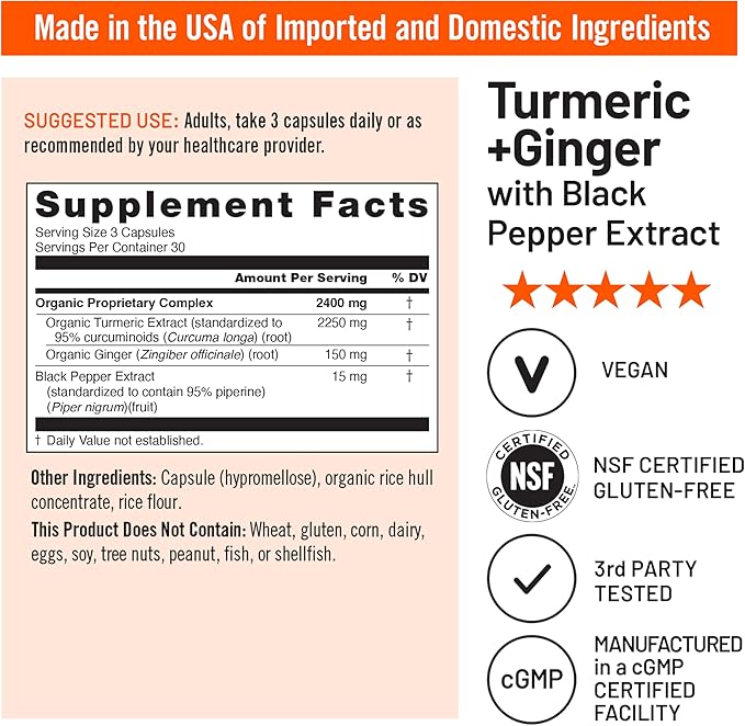 NatureWise Turmeric Curcumin + Ginger 2400 mg - Turmeric Extract with 95% Curcuminoids, Extra Strength Supplement, Enhanced Absorption - Vegan, Gluten-Free - 90 Count[30-Day Supply]