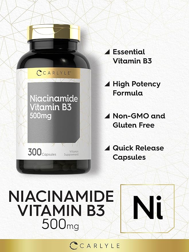 Carlyle Niacinamide 500mg Capsules | 300 Count | Vitamin B3 | Non-GMO & Gluten Free Supplement