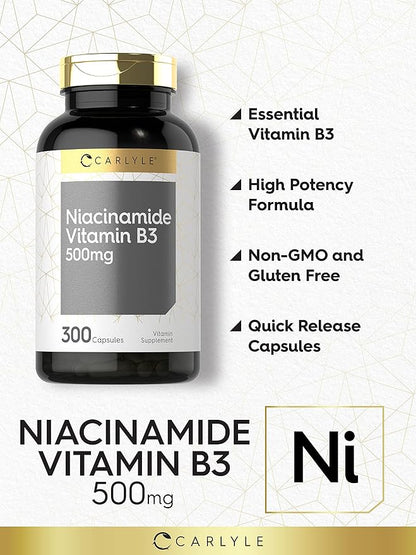 Carlyle Niacinamide 500mg Capsules | 300 Count | Vitamin B3 | Non-GMO & Gluten Free Supplement