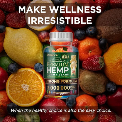 WELLUTION Hemp Gummies XXL 2,000,000 MCG - Vegan Gummy Bears with Natural Hemp Oil, Omega 3-6-9, Vitamins A & D - 60ct