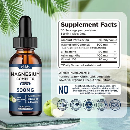 Triple Magnesium Complex Supplement-Magnesium Glycinate, Citrate, Malate Liquid Drops 500mg with Ashwagandha, L-Theanine, B6 for Calm, Stress Relief, Sleep, Muscle Support-Green Apple Flavor