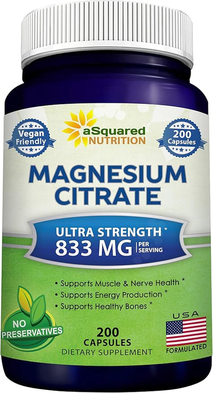 aSquared Nutrition Magnesium Citrate 833mg Supplement - 200 Capsules - Max Strength Vegan Mag Citrate Powder Pills to Support Pure Function of Muscles, Heart & Bones - Helps Increase Energy