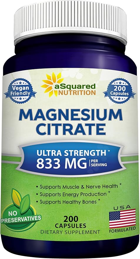 aSquared Nutrition Magnesium Citrate 833mg Supplement - 200 Capsules - Max Strength Vegan Mag Citrate Powder Pills to Support Pure Function of Muscles, Heart & Bones - Helps Increase Energy