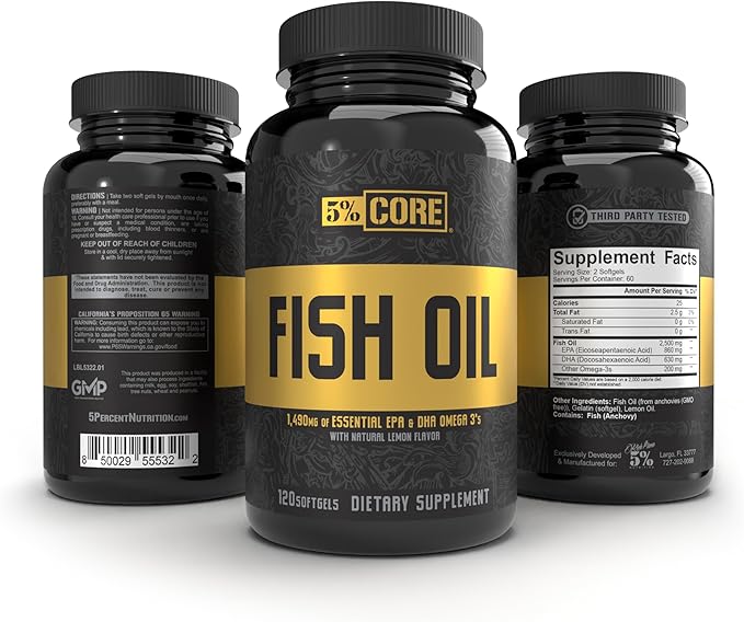 5% Nutrition Core Fish Oil Supplement | 2,500 mg EPA DHA Omega 3 Fatty Acid Supplement | Burpless Fish Oil for Faster Recovery, Joint Support, Heart Health (60 Servings / 120 Softgels)