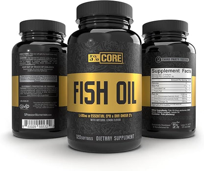 5% Nutrition Core Fish Oil Supplement | 2,500 mg EPA DHA Omega 3 Fatty Acid Supplement | Burpless Fish Oil for Faster Recovery, Joint Support, Heart Health (60 Servings / 120 Softgels)
