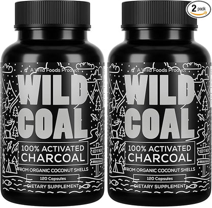 Wild Foods Activated Charcoal Capsules | 100% Organic Coconut Shells Active Tablets for Bloating Relief | Lab Tested & Non-GMO Detox Pills | USA (Two Bottles - 120 Capsules)
