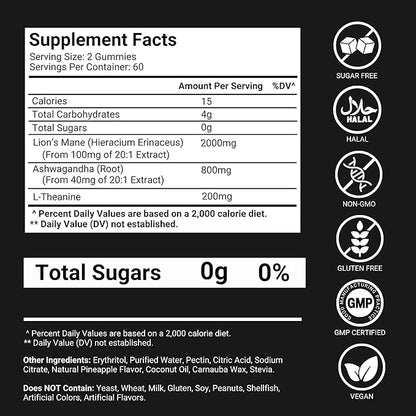 Lions Mane Gummies Sugar Free – 120 Gummies for Clarity & Brain Nutrition Support - Lion's Mane Mushroom 3000mg with Ashwagandha & L-Theanine – Brain & Mood Supplement – Focus, Memory, Calm