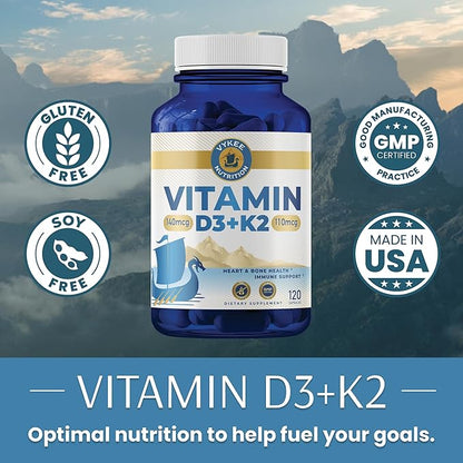 Vitamin D3 K2 Complex - Ultimate Absorption 140mg D3 & 110mg K2 (MK-7) | Vegan, Non-GMO | Supplement for Bone, Teeth, Muscle, & Heart Health | 120 Capsules