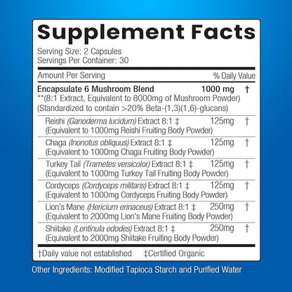 ENCAPSULATE 6 Mushroom Blend – Reishi, Chaga, Turkey Tail, Cordyceps, Lion’s Mane & Shiitake 8:1 Mushroom Extract – Nootropic & Adaptogen Mushroom Supplement for Gut, Brain & Immune Support - 120 Caps