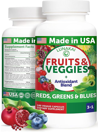 Lunakai USA Made Superfood Fruits & Veggies Supplement - All-in-One with 4 Blends & Scented Capsules, 180ct Super Veggie Capsules for Adults