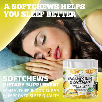 Magnesium Glycinate Soft Chews, Pineapple Flavor.Chewable Sugar Free Potassium Magnesium Chews with Magnesium Glycinate, Vitamin D, B6, and CoQ10 for Calm Support & Sleep for Adults, 60 Days Supply