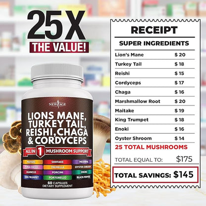NEW AGE Lions Mane Mushroom Supplement with Turkey Tail Reishi Cordyceps Chaga with Marshmallow Root
