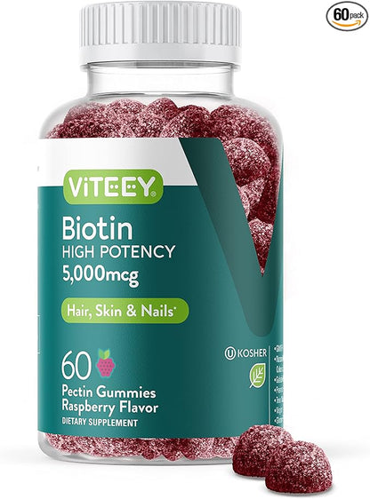 Biotin Gummies for Hair Skin Nails 5,000mcg - Hair Growth Gummies, Healthy Skin Glow, Strong Healthy Nail Growth - Vegan, Gluten Free, Gelatin Free, GMO Free - Tasty Chewable Raspberry Flavor