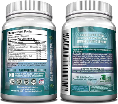 7 in 1 Immune Support Supplement with Vitamin C, D3, Zinc 50mg, Quercetin, Echinacea Purpurea, Sambucus Elderberry and Ginger for Complete Immune Defense - 60 Capsules (1 Bottle)