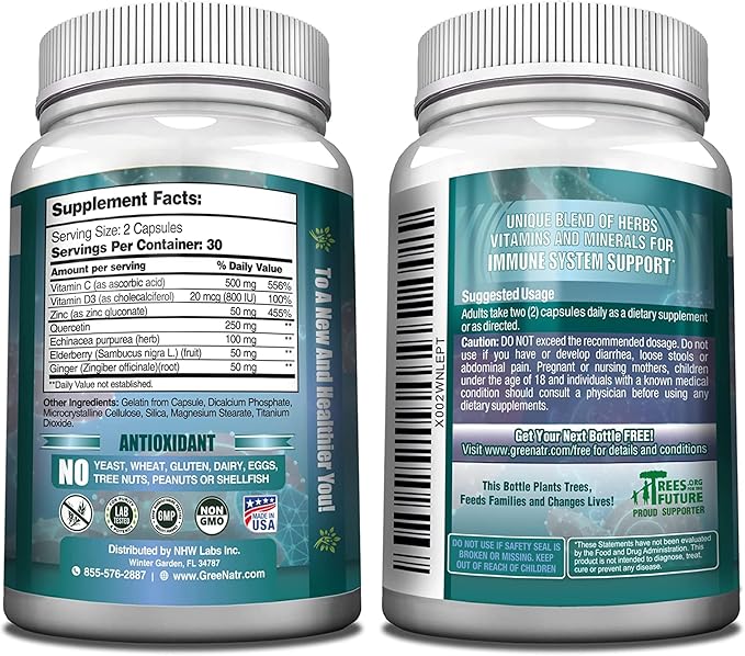 7 in 1 Immune Support Supplement with Vitamin C, Vitamin D3, Zinc 50mg, Quercetin, Echinacea Purpurea, Sambucus Elderberry and Ginger for Complete Immune Defense - 60 Capsules (12 Bottles)