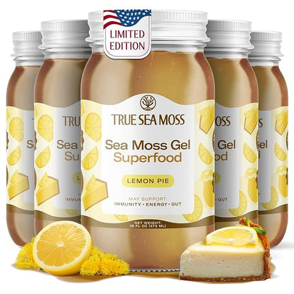 TrueSeaMoss Sea Moss Gel – Made in USA – Wildcrafted Seamoss, Fresh Fruits & Sea Vegetables – Lemon Pie, Pack of 5 (Labels may Vary)