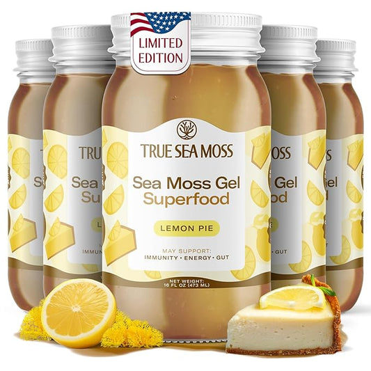 TrueSeaMoss Sea Moss Gel – Made in USA – Wildcrafted Seamoss, Fresh Fruits & Sea Vegetables – Lemon Pie, Pack of 5 (Labels may Vary)