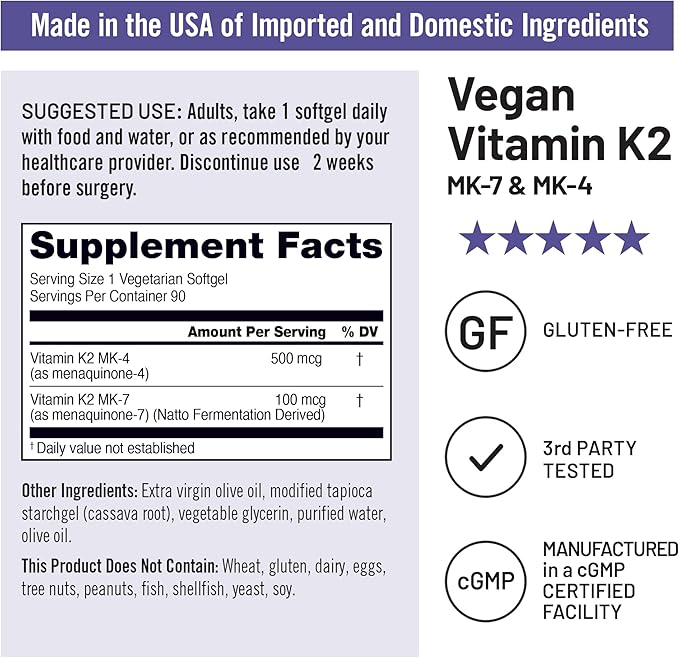 NatureWise Vitamin K2 Supplement with MK-7 100mcg and MK-4 500mcg - Enhanced Bioavailable Formula - K Complex for Bone and Heart Health - Vegan, Gluten Free, Non-GMO - 90 Softgels[3-Month Supply]