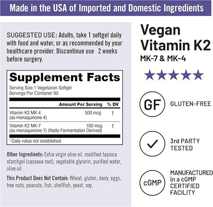 NatureWise Vitamin K2 Supplement with MK-7 100mcg and MK-4 500mcg - Enhanced Bioavailable Formula - K Complex for Bone and Heart Health - Vegan, Gluten Free, Non-GMO - 90 Softgels[3-Month Supply]