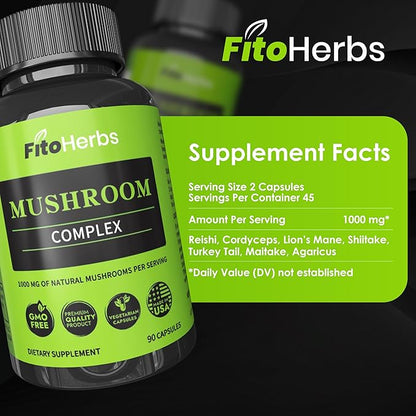 Mushroom Complex - Shiitake, Lions Mane, Cordyceps, Turkey Tail, Maitake, Reishi, Agaricus Mushrooms Supplement Capsules - Cognitive Improvement - Immune Support - Energy Booster - 90 Caps