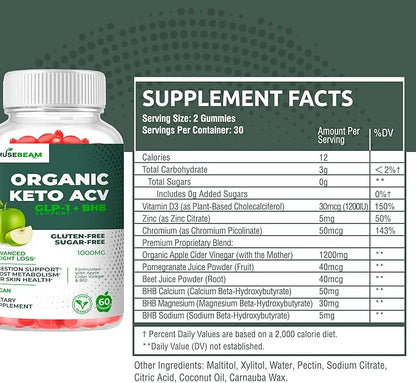 Organic Keto ACV Gummies Advanced Weight Loss - Gluten & Sugar Free Belly Fat Burner Apple Cider Vinegar Diet Supplement for Women Men (1000MG)