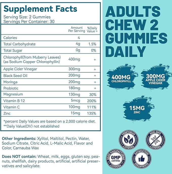 2 Pack Chlorophyll Gummies for Body Odor Deodorant*, Sugar Free Chewable Chlorophyll for Immune Support Women Vegan Non-GMO, 120 Count