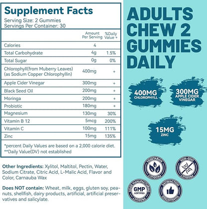 2 Pack Chlorophyll Gummies for Body Odor Deodorant*, Sugar Free Chewable Chlorophyll for Immune Support Women Vegan Non-GMO, 120 Count