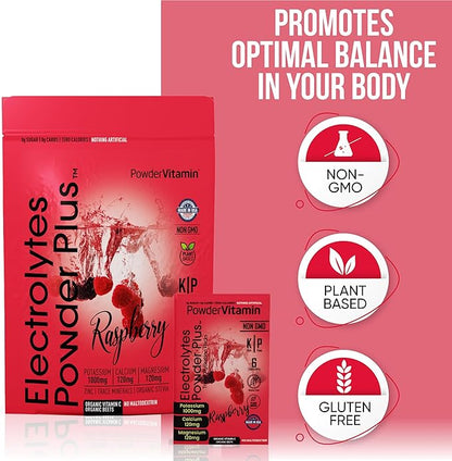 Electrolytes Powder Plus, Keto, Raspberry, Sugar Free, Pink Himalayan Salt, 1000mg Potassium, 120mg Calcium, 120mg Magnesium, Non-GMO, Zero Calories, (16 Hydration Packets)