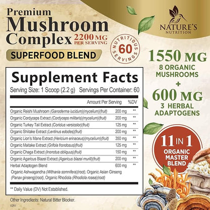 Mushroom Powder - 11 in 1 Complex Mushroom Supplement with Organic Lions Mane, Reishi, Cordyceps, Chaga, Turkey Tail, Maitake Extract for Memory, Brain, Energy, Focus, & Immune Support - 60 Servings
