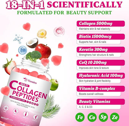 Collagen Peptides Gummies 5000MG, Collagen Gummies for Women & Men, Type I,II,III,V,X Protein with Biotin, Hyaluronic Acid, Vitamin C for Healthy Skin | Strawberry Flavored, Sugar Free, 120 Cts