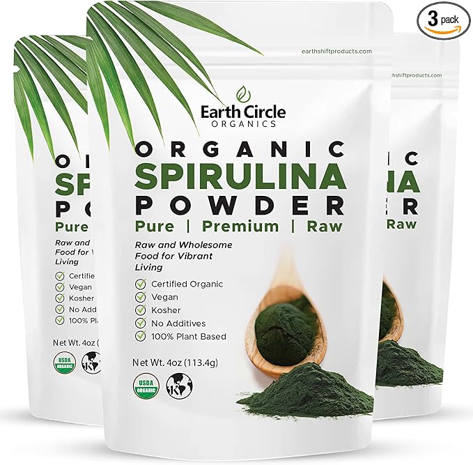 Earth Circle Organics Spirulina Powder, Kosher, Raw and Non-Irradiated | Pure Vegan Protein | Premium Superfood, High in Amino Acids and Antioxidants - 4 Ounce (3 Packs)