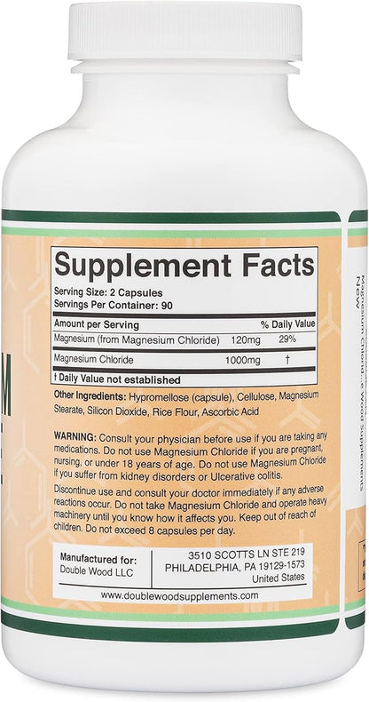 Magnesium Chloride (Cloruro De Magnesio) - 180 Capsules, 1,000mg Per Serving, Supports Digestive and Bone Health - Non-GMO and Gluten Free by Double Wood Supplements