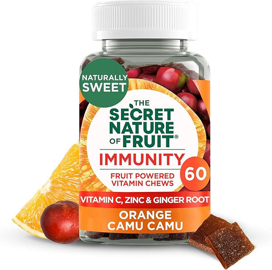 The Secret Nature of Fruit Immunity Chews, Real Fruit Powered Vitamin Chews with Vitamin C, Zinc, Ginger Root, Orange & Camu Camu for Immune Support (60 Count)