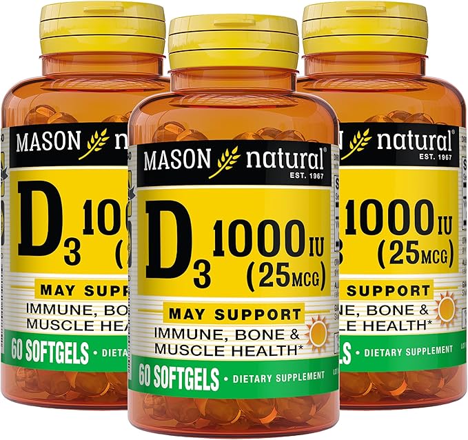 MASON NATURAL Vitamin D3 25 mcg (1000 IU) - Supports Overall Health, Strengthens Bones and Muscles, from Fish Liver Oil, 60 Softgels (Pack of 3)